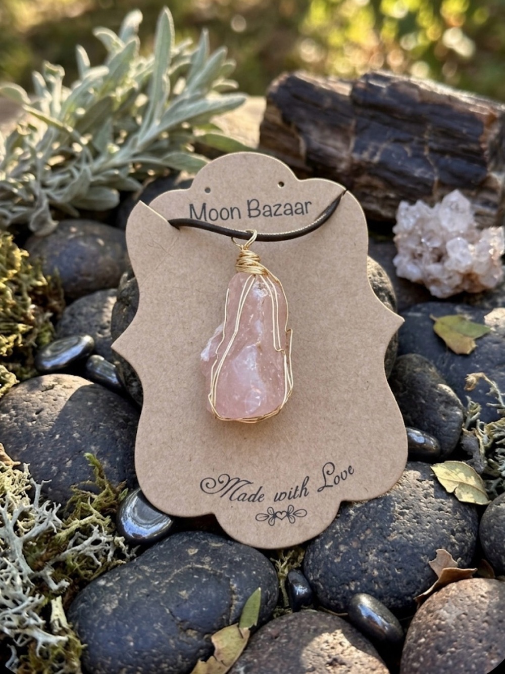 " Celestial Love Keeper "Rose Quartz Gold Wire-Wrapped leather cord Necklace